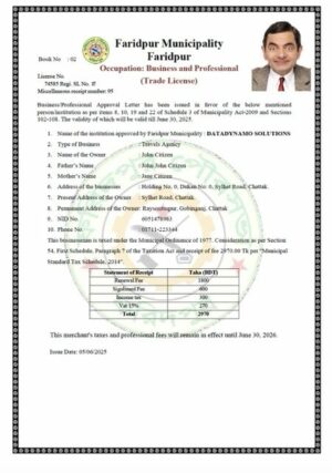 Bangladesh Faridpur trade license Word and PDF template
