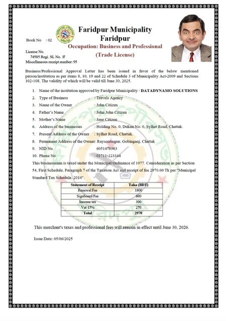 Bangladesh Faridpur trade license Word and PDF template
