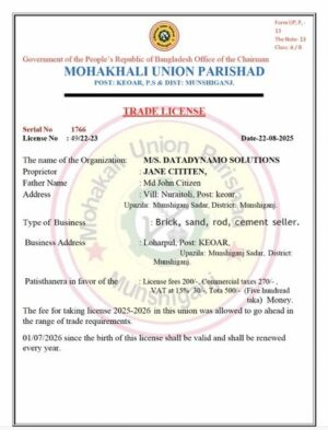 Bangladesh Mohakhali Union Parishad trade license Word and PDF template