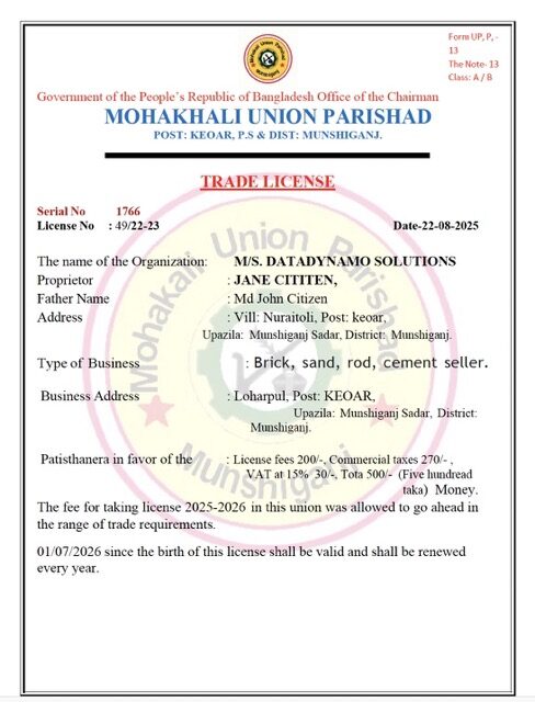 Bangladesh Mohakhali Union Parishad trade license Word and PDF template