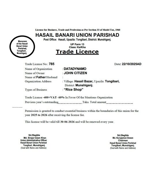 Bangladesh Munshiganj trade license Word and PDF template, version 2