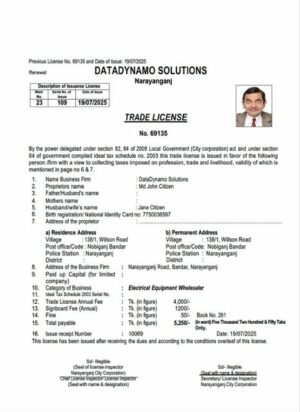 Bangladesh Narayanganj business license renewal Word and PDF template