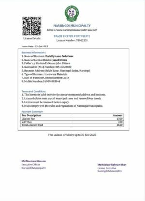 Bangladesh Narsingdi trade license certificate Word and PDF template