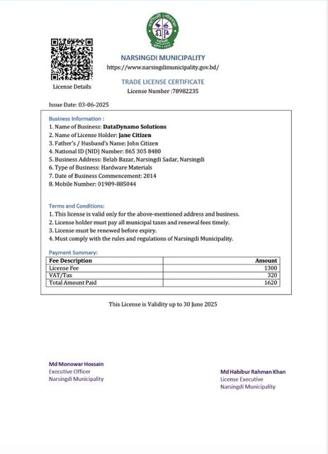 Bangladesh Narsingdi trade license certificate Word and PDF template