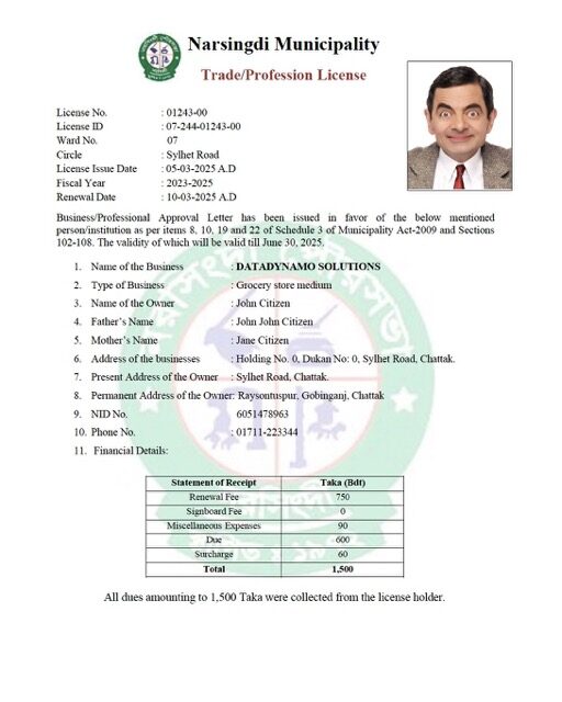 Bangladesh Narsingdi trade/profession license Word and PDF template