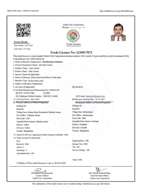 Bangladesh Sylhet trade license Word and PDF template