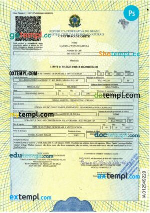 Brazil certificate of death certificate template in PSD format