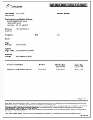 Canada Ontario master business license Word and PDF template