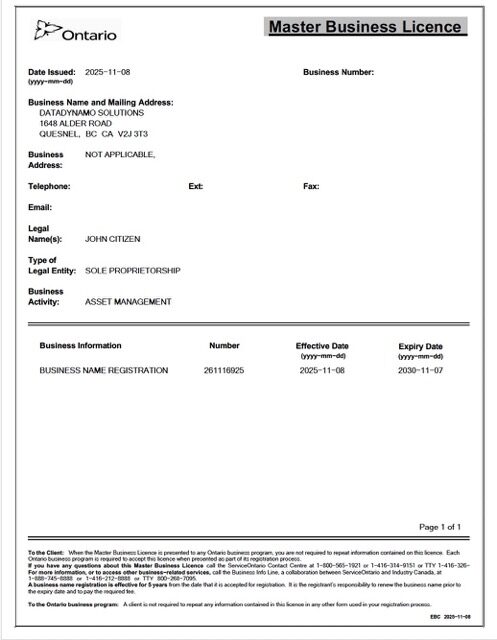 Canada Ontario master business license Word and PDF template