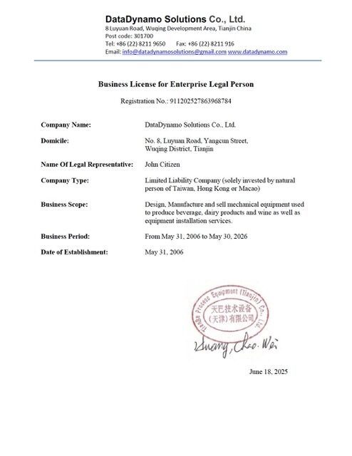 China business license for enterprise legal person Word and PDF template