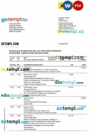 Germany Postbank bank statement template in Word and PDF format, 6 pages