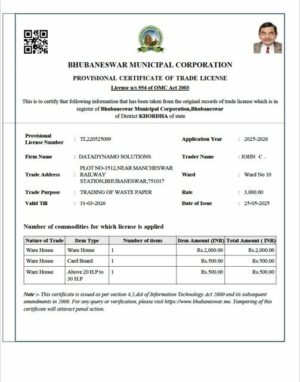 India Bhubaneswar provisional certificate of trade license Word and PDF template