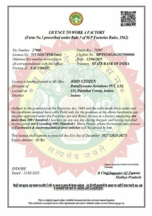 India Indore license to work a factory Word and PDF template