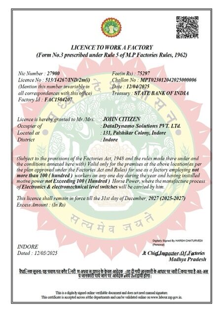 India Indore license to work a factory Word and PDF template
