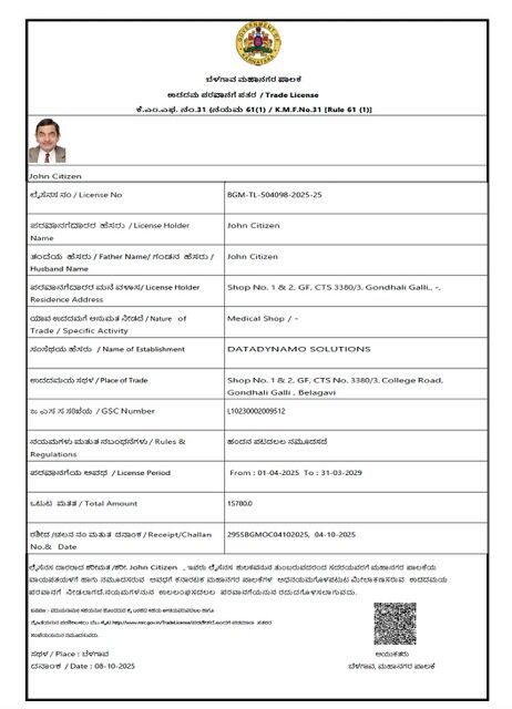 India Karnataka trade license Word and PDF template