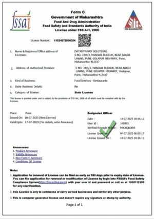 India Maharashtra FSSAI state license Word and PDF template