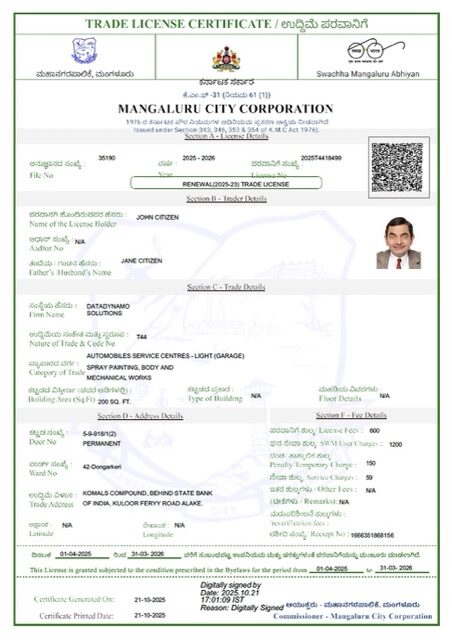 India Mangaluru trade license certificate Word and PDF template