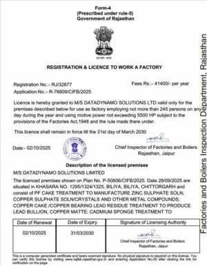 India Rajasthan registration & license to work a factory Word and PDF template