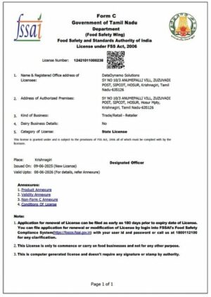 India Tamil Nadu FSSAI state license Word and PDF template