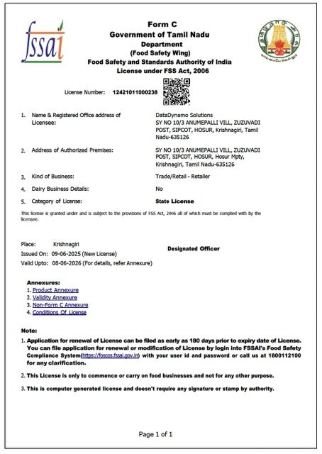 India Tamil Nadu FSSAI state license Word and PDF template
