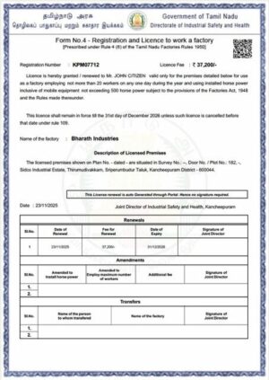 India Tamil Nadu license to work a factory Word and PDF template
