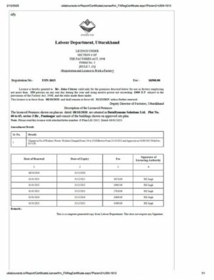 India Uttarakhand license to work a factory Word and PDF template