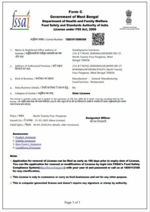 India West Bengal FSSAI state license Word and PDF template