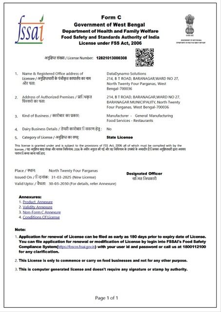 India West Bengal FSSAI state license Word and PDF template