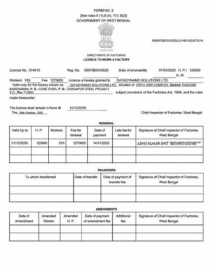 India West Bengal license to work a factory Word and PDF template
