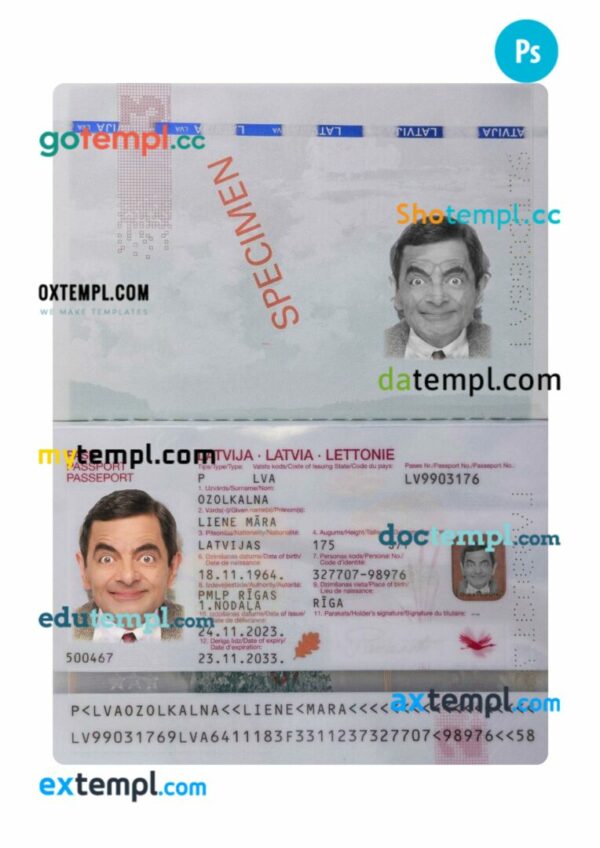 Latvia passport PSD template, 2023-present