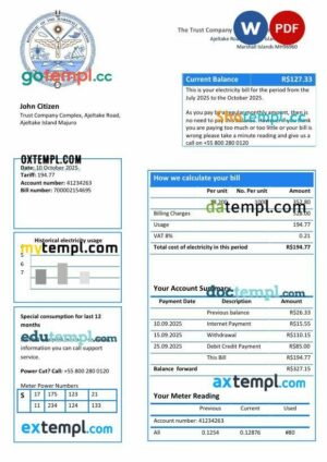 Marshall Islands electricity utility bill template in Word and PDF formats