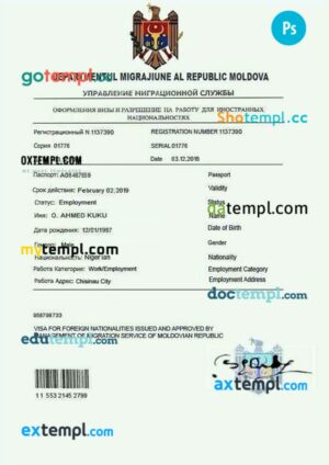 Moldova work permit template in PSD format