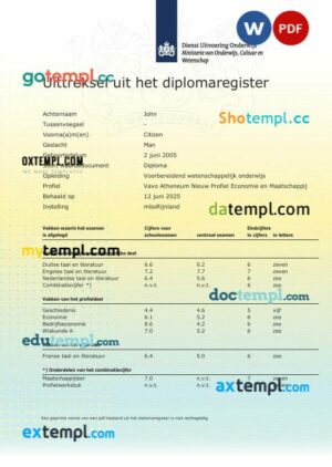 Netherlands MboRijnland Diploma Register Extract template in Word and PDF format