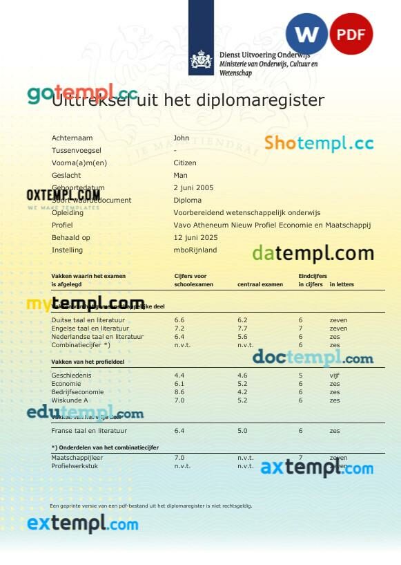 Netherlands MboRijnland Diploma Register Extract template in Word and PDF format