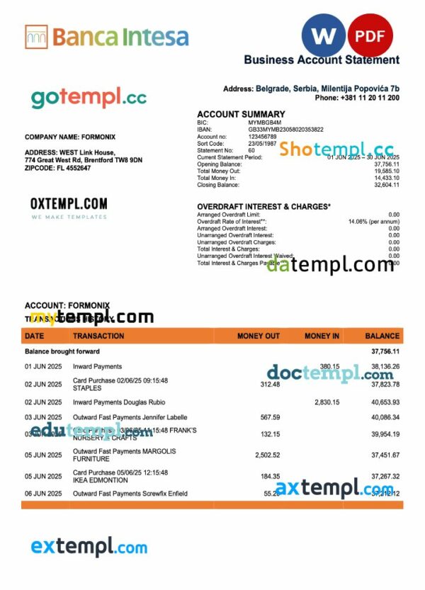 Serbian Banca Intesa enterprise account statement Word and PDF template