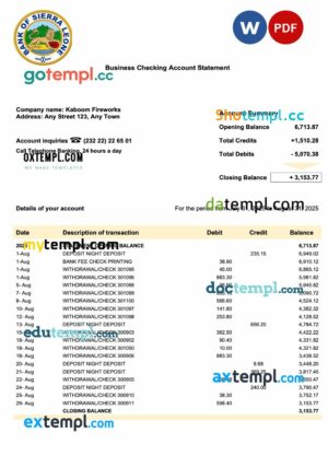 Sierra Leone Bank of Sierra Leone business checking account statement Word and PDF template