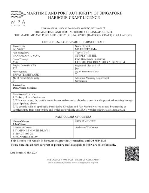 Singapore harbour craft license Word and PDF template