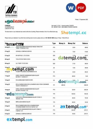 Slovak Tatra firm account statement Word and PDF template
