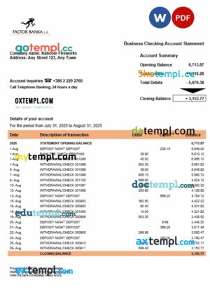 Slovenia Factor Banka firm account statement Word and PDF template