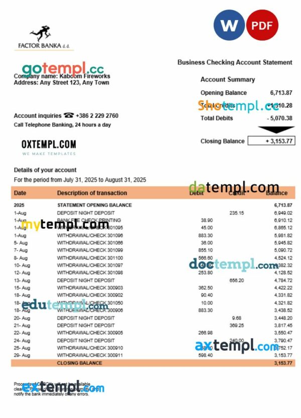 Slovenia Factor Banka firm account statement Word and PDF template