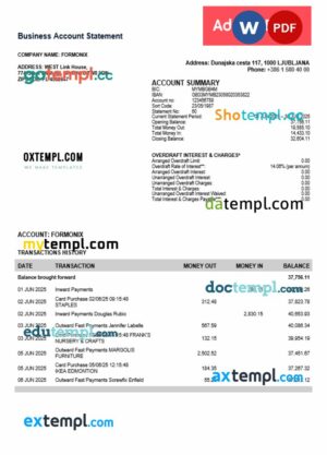 Slovenian Addiko organization account statement Word and PDF template