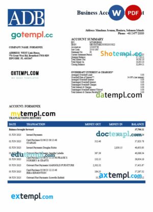 Solomon Islands ADB corporate account statement Word and PDF template