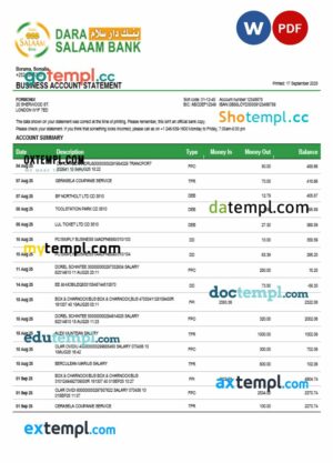 Somali Dara Salaam Bank firm account statement Word and PDF template