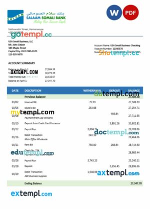 Somali Salaam Somali bank business checking account statement Word and PDF template
