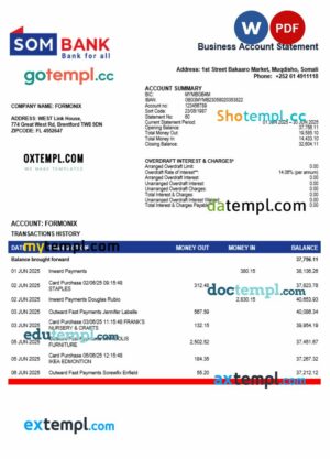 Somali Sombank bank firm account statement Word and PDF template