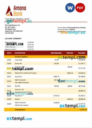 Somalia Amana business checking account statement Word and PDF template