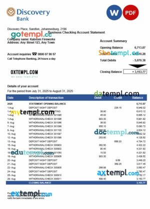 South African Discovery business checking account statement Word and PDF template