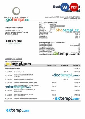 South African Imperial Bank firm account statement Word and PDF template