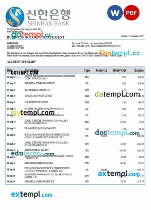 South Korea Shinhan business checking account statement Word and PDF template