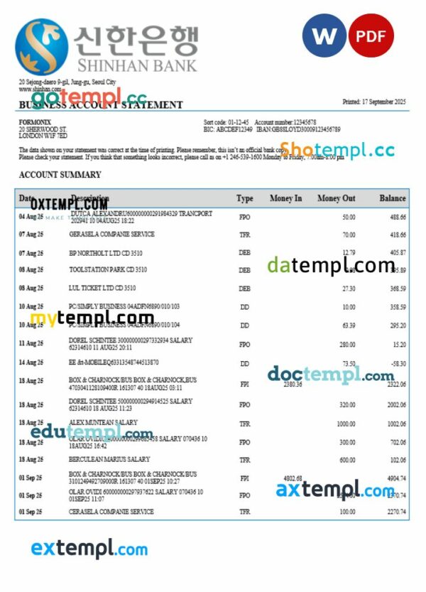 South Korea Shinhan business checking account statement Word and PDF template